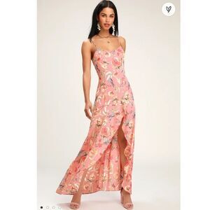 NWT Lulu’s Zinnia Blush Pink Floral Print High-Low Maxi Dress Medium